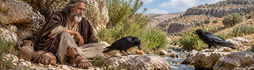 Illustratie bij: Raven brengen Elia voedsel bij de Krith.