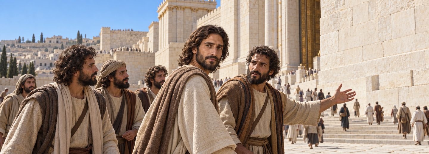 Illustratie bij: Jezus verlaat de tempel met Zijn discipelen.