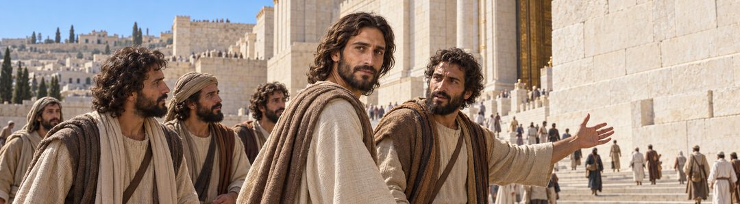Illustratie bij: Jezus verlaat de tempel met Zijn discipelen.