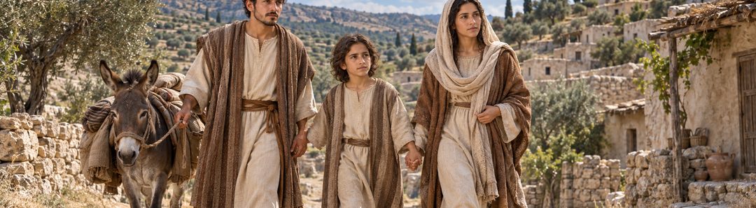 Illustratie bij: Jozef brengt Maria en Jezus veilig naar Nazareth.