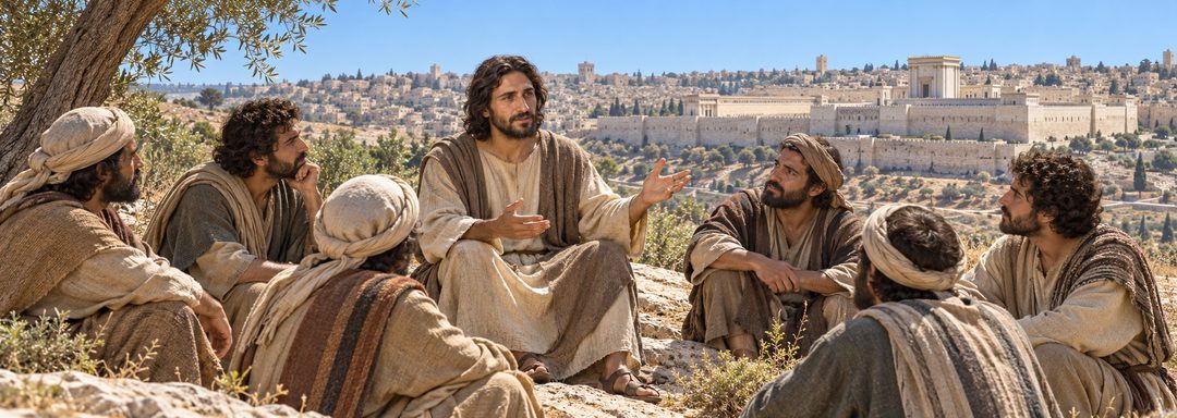 Illustratie bij: Jezus onderwijst zijn discipelen op de Olijfberg.