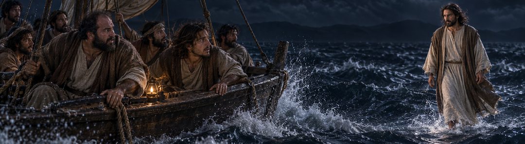 Illustratie bij: De leerlingen zien Jezus midden op het meer en worden bevreesd.