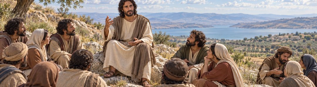 Illustratie bij: Christus onderwijst gezaghebbend terwijl zijn leerlingen luisteren.