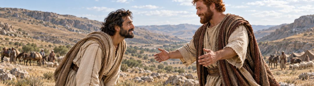 Illustratie bij: Jakob buigt zich voor Ezau bij hun ontmoeting.