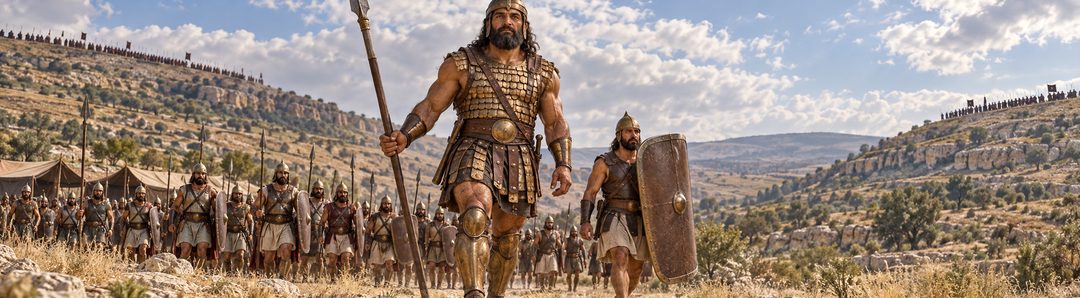 Illustratie bij: Goliath treedt tussen de twee legers naar voren.
