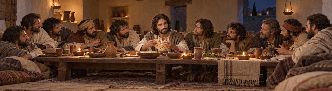 Illustratie bij: Jezus dankt en breekt het brood.