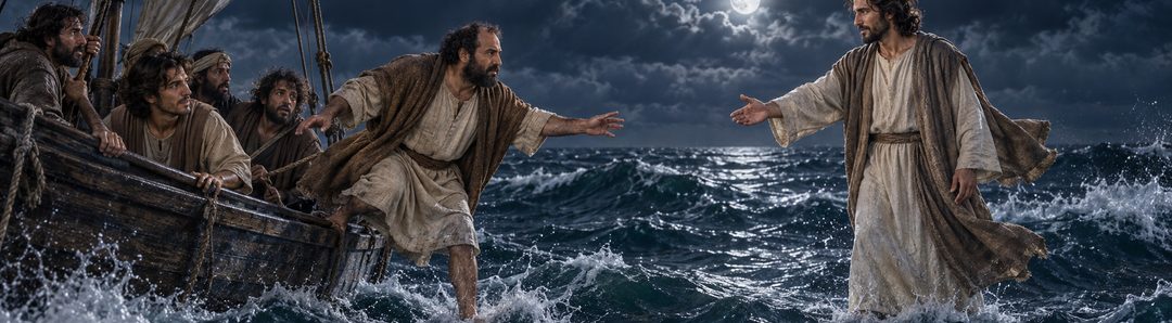 Illustratie bij: Petrus zet in geloof een stap uit de boot naar Jezus.