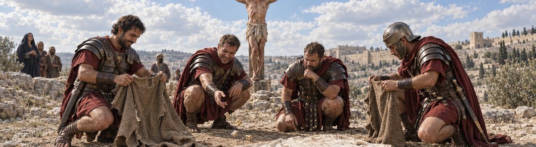 Illustratie bij: Romeinse soldaten verdelen Jezus’ kleding en loten om zijn gewaad.