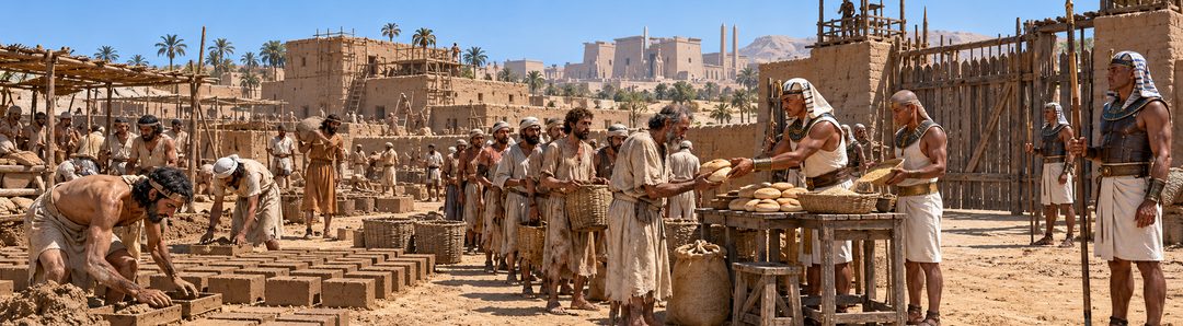 Illustratie bij: Slaven ontvangen brood van Egyptische opzichters maar missen vrijheid.
