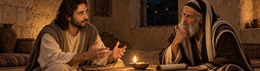 Illustratie bij: Jezus spreekt met Nicodemus over geboorte uit water en Geest.
