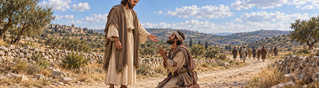 Illustratie bij: Een genezen Samaritaan keert terug om Jezus te danken.