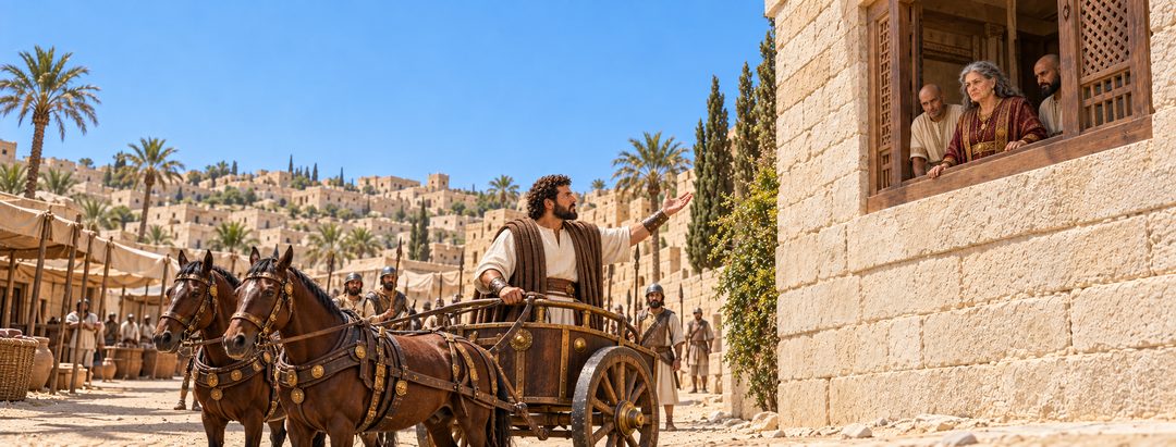 Illustratie bij: Jehu confronteert Izebel bij haar paleis.