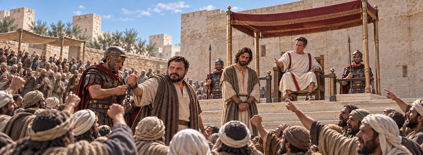 Illustratie bij: De menigte kiest Barabbas en eist de kruisiging.