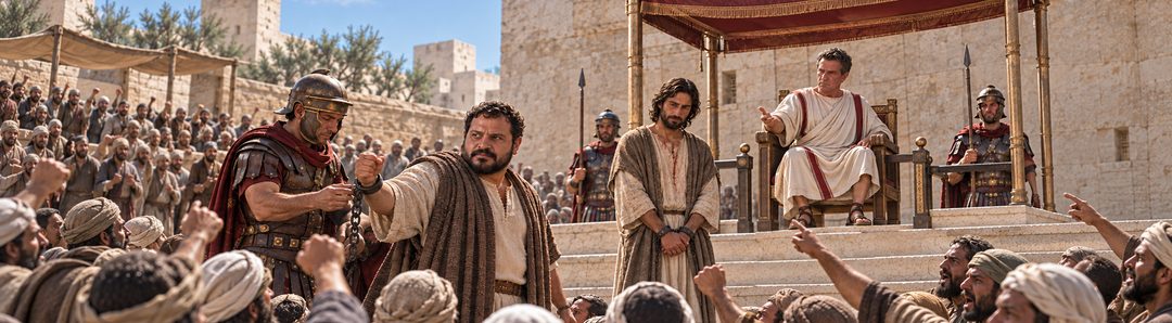 Illustratie bij: De menigte kiest Barabbas en eist de kruisiging.