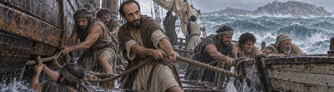 Illustratie bij: De opvarenden hijsen de sloep op en onderspannen het schip.