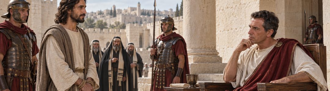 Illustratie bij: Jezus staat voor de historische stadhouder Pontius Pilatus.