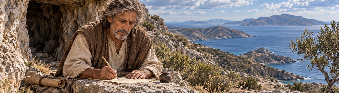 Illustratie bij: Johannes schrijft in eenvoudig Grieks op Patmos.