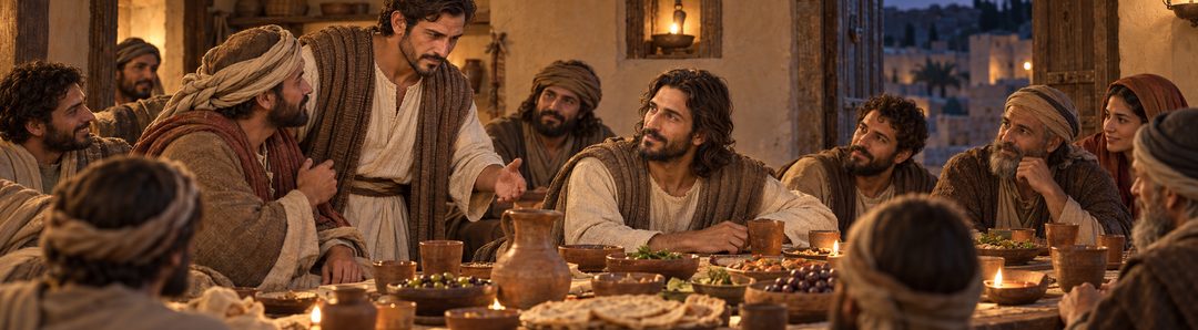 Illustratie bij: Mattheüs ontvangt Jezus en zijn vrienden aan tafel.