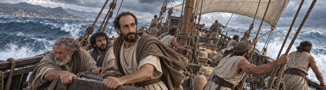 Illustratie bij: De Euroklydon blaast het schip van Kreta de open zee op.