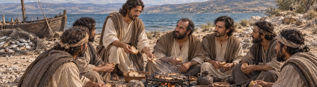 Illustratie bij: Jezus deelt brood en vis bij het kolenvuur.