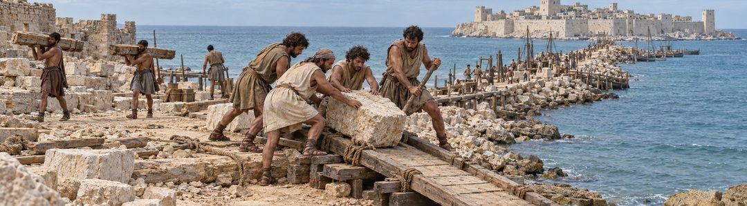 Illustratie bij: Stenen en hout van Tyrus verdwijnen in zee.
