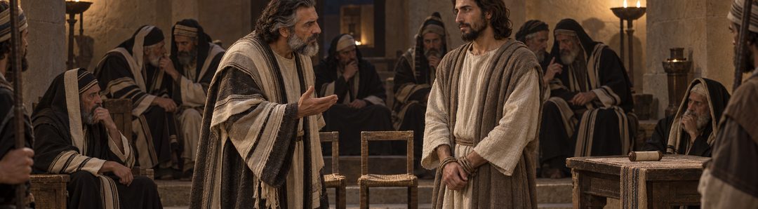 Illustratie bij: De hogepriester ondervraagt Jezus zonder geldige getuigen.