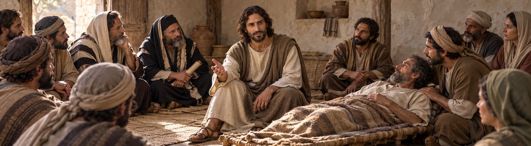 Illustratie bij: Jezus onderwijst en geneest in een huis.