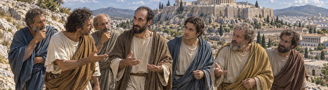 Illustratie bij: Filosofen begeleiden Paulus naar de Areopagus.