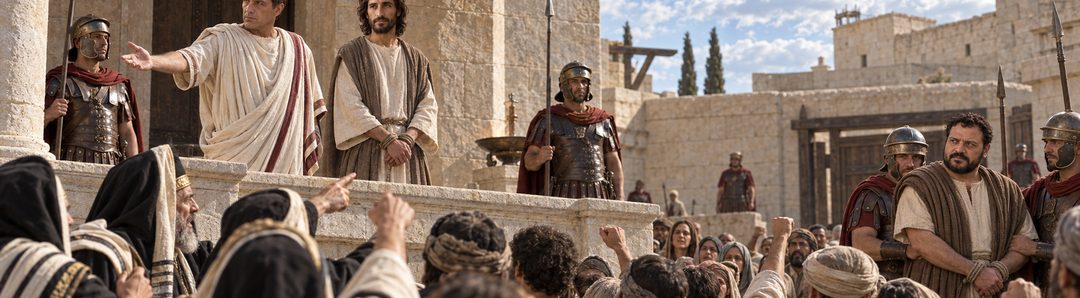 Illustratie bij: Pilatus biedt de menigte Jezus of Barabbas aan.