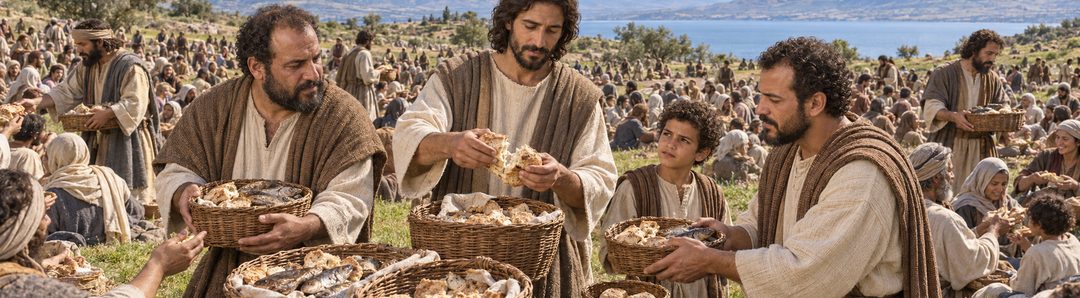 Illustratie bij: Jezus breekt werkelijk het brood voor de menigte.