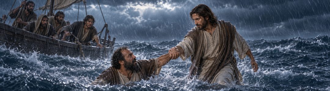 Illustratie bij: Jezus grijpt de zinkende Petrus vast.