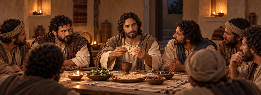 Illustratie bij: Jezus breekt het brood tijdens het laatste Pascha.