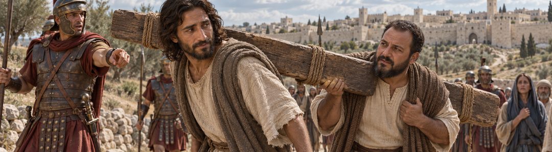 Illustratie bij: Simon van Cyrene draagt het kruis achter Jezus.