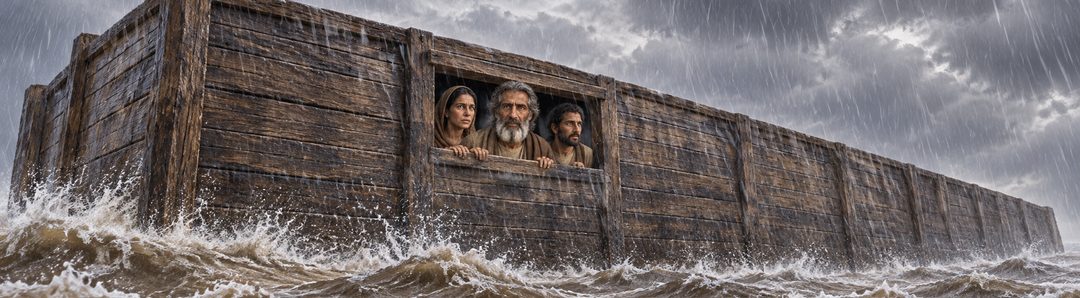 Illustratie bij: Noach en zijn gezin worden door de vloed heen bewaard.
