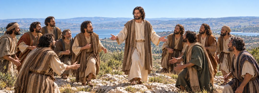 Illustratie bij: De elf ontmoeten de opgestane Jezus op de berg in Galilea.