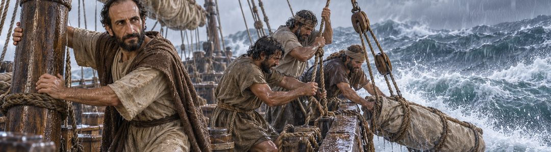 Illustratie bij: Paulus’ schip wordt door de storm meegevoerd.