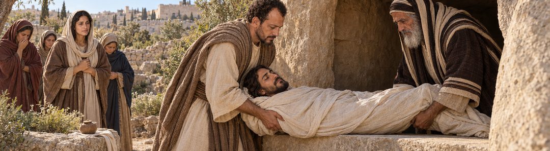 Illustratie bij: Jozef en Nicodemus leggen Jezus in het rotsgraf.
