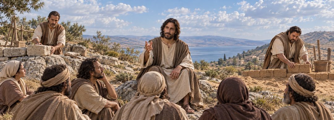 Illustratie bij: Christus’ woorden doen: bouwen op rots of zand.