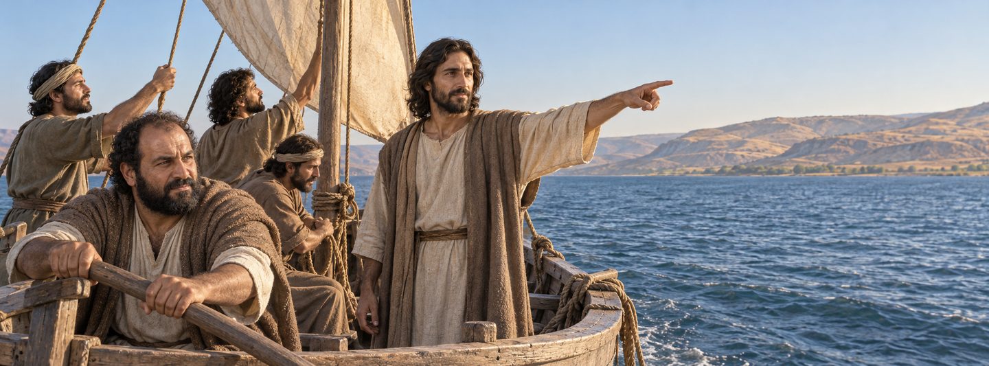 Illustratie bij: De discipelen moeten vertrouwen op Jezus’ woord over de overkant.