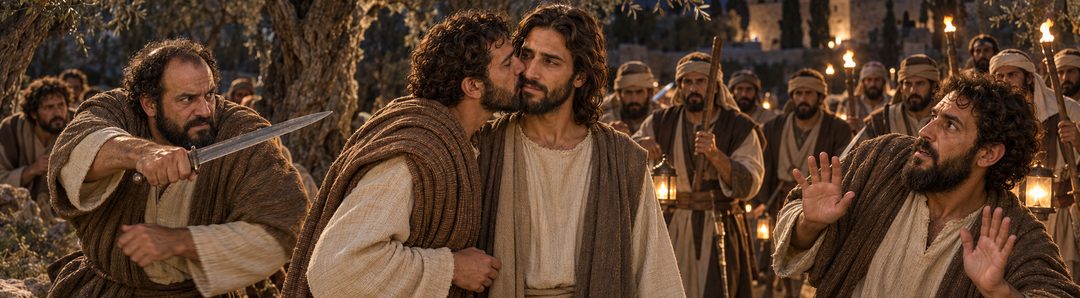 Illustratie bij: Judas verraadt Jezus en Petrus trekt zijn zwaard.