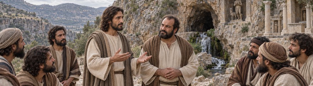 Illustratie bij: Jezus en Zijn discipelen bij de heidense heiligdommen van Caesarea Filippi.