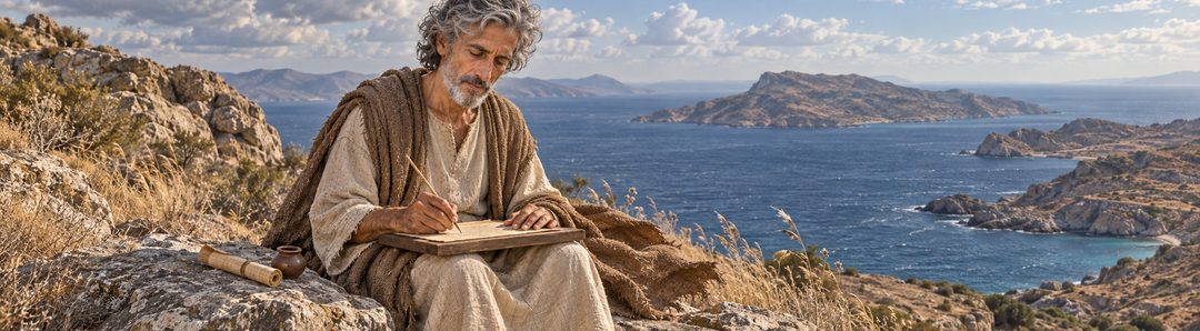 Illustratie bij: Johannes schrijft Openbaring zonder secretaris op Patmos.