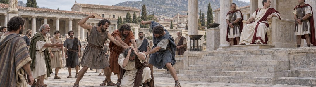 Illustratie bij: Sosthenes wordt vóór de rechterstoel geslagen.