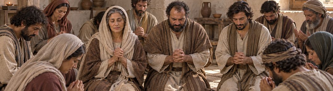 Illustratie bij: Maria en Jezus' broers bidden na de opstanding.