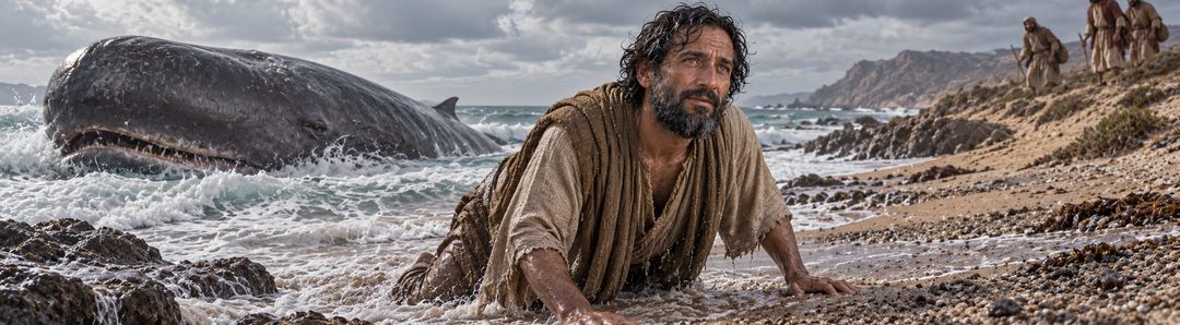Illustratie bij: Jona wordt door de grote vis op het strand uitgespuwd.