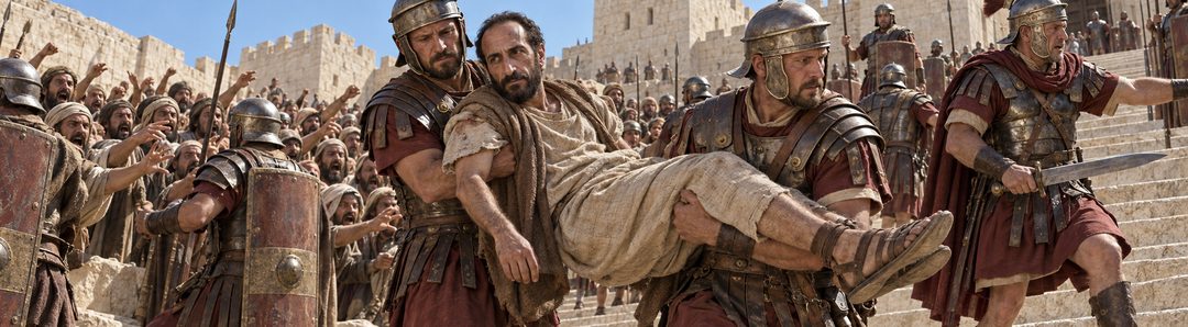 Illustratie bij: Romeinse soldaten redden Paulus van de menigte.