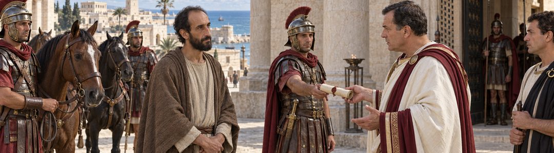 Illustratie bij: Paulus wordt in Caesarea aan Felix overgedragen.
