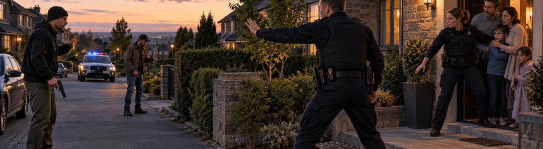 Illustratie bij: Gewapende wetshandhaving beschermt de zwakken.