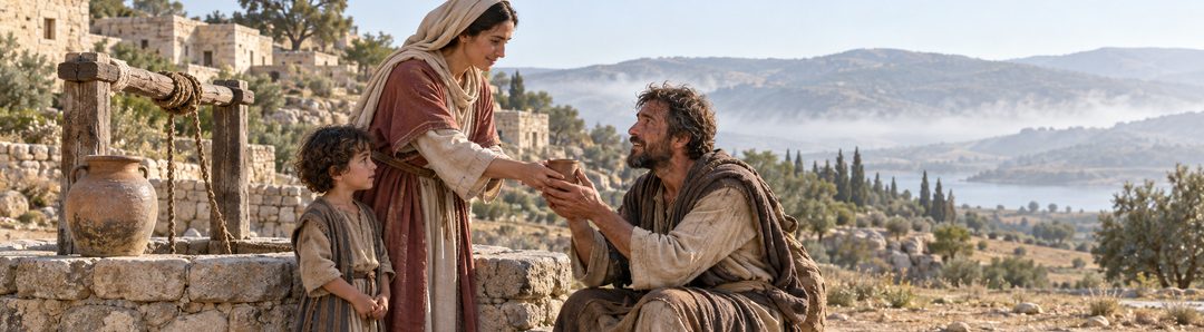 Illustratie bij: Een dorstige discipel ontvangt een beker koud water.