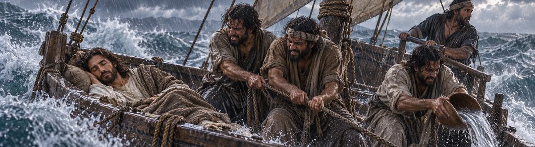 Illustratie bij: Jezus slaapt terwijl de boot door de storm wordt overspoeld.